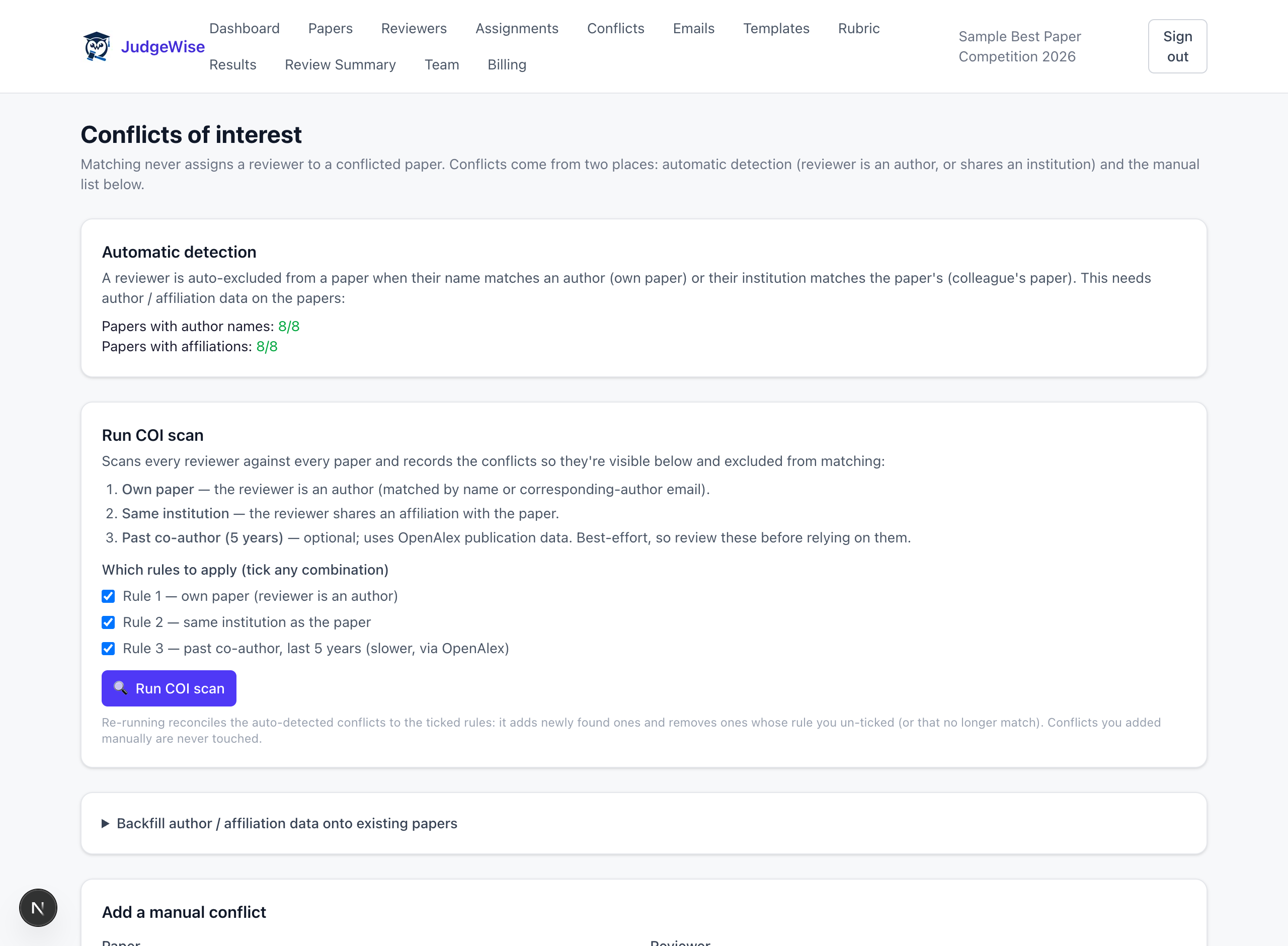 Conflicts of interest page with the COI scan rules and detected conflicts