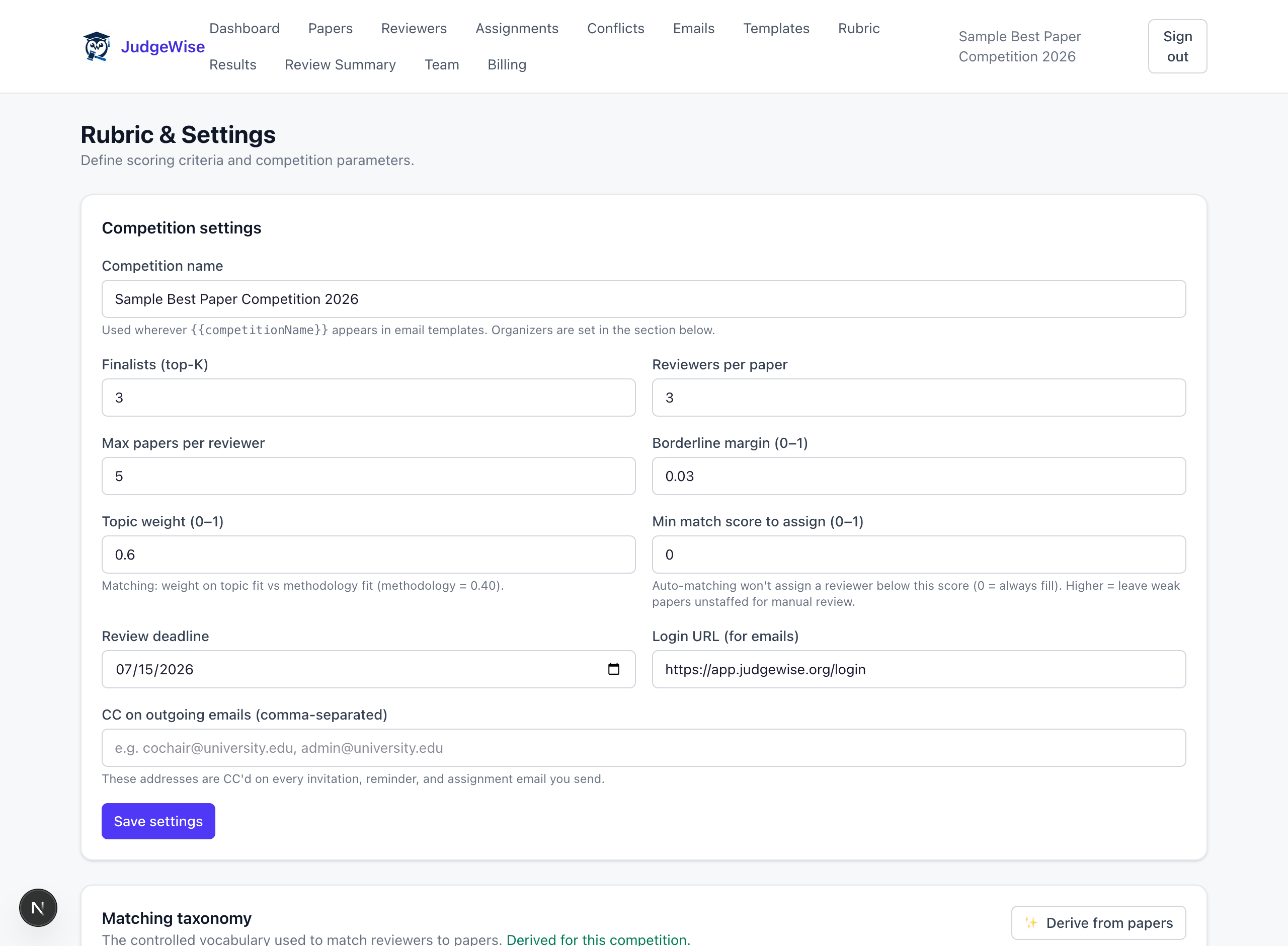 Rubric & Settings page with scoring parameters and matching taxonomy