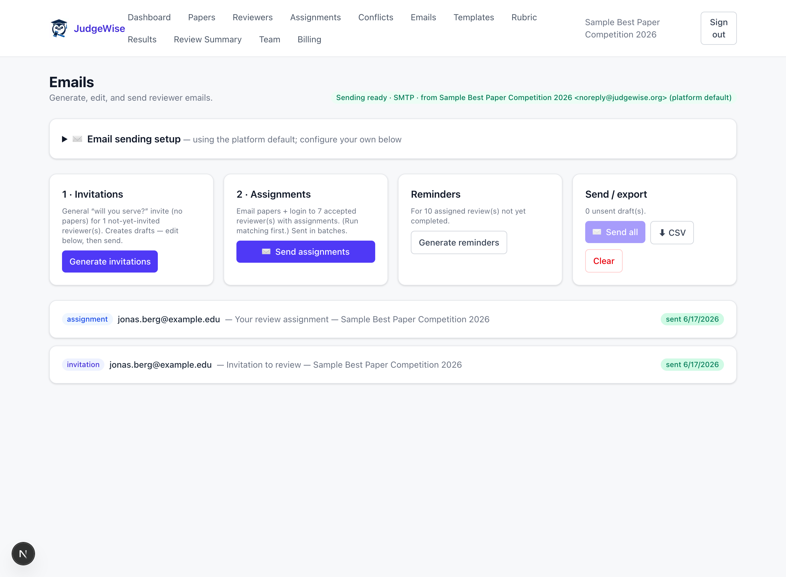 Emails page with invitation, assignment, and reminder controls